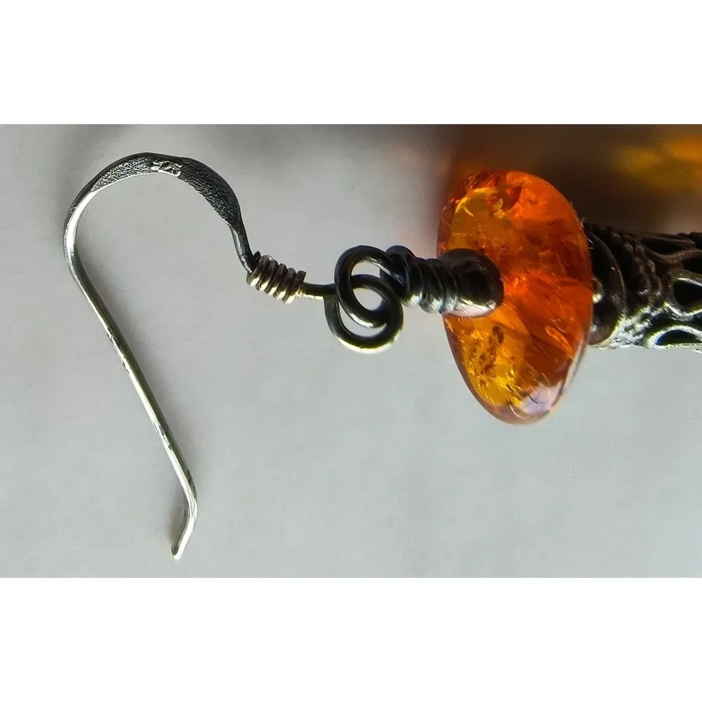 Vtg Sterling Silver‎ Baltic Amber Drop Earrings Cognac Honey Artisan Dangle 925